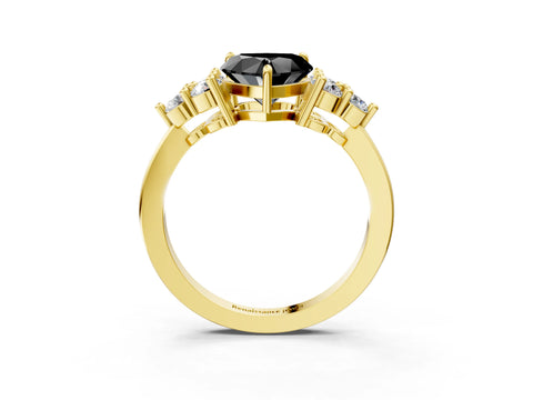 Yellow gold Fancy Black Heart Cut Brilliant Diamond Cluster Accent Solitaire Ring with Prong Setting_3