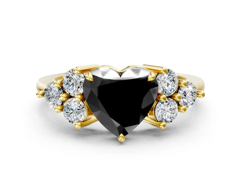 Yellow gold Fancy Black Heart Cut Brilliant Diamond Cluster Accent Solitaire Ring with Prong Setting