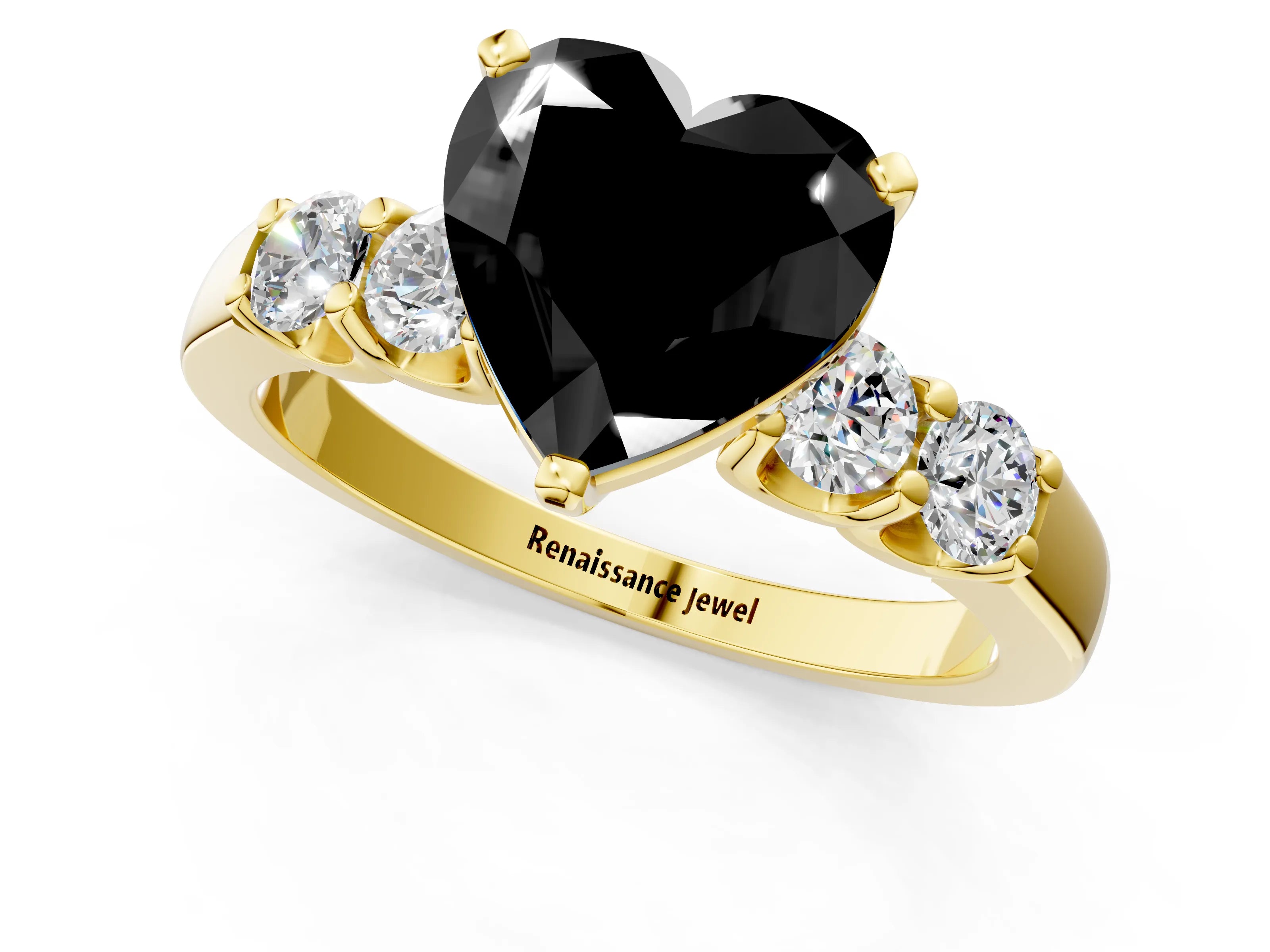 Yellow gold Fancy Black Heart Cut Brilliant Diamond Five-Stone Engagement Ring with Prong Setting on a Classic Band_4