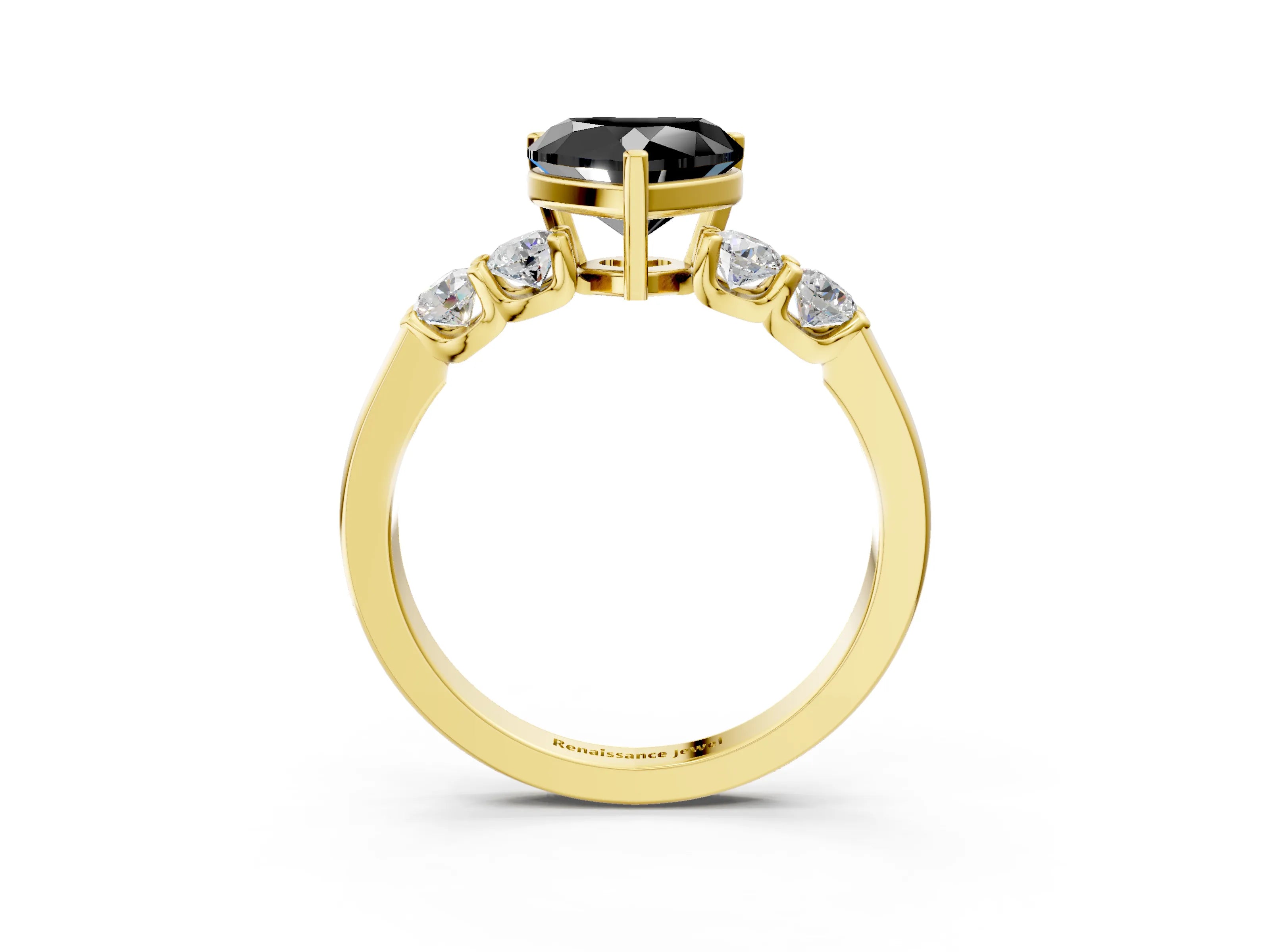Yellow gold Fancy Black Heart Cut Brilliant Diamond Five-Stone Engagement Ring with Prong Setting on a Classic Band_6