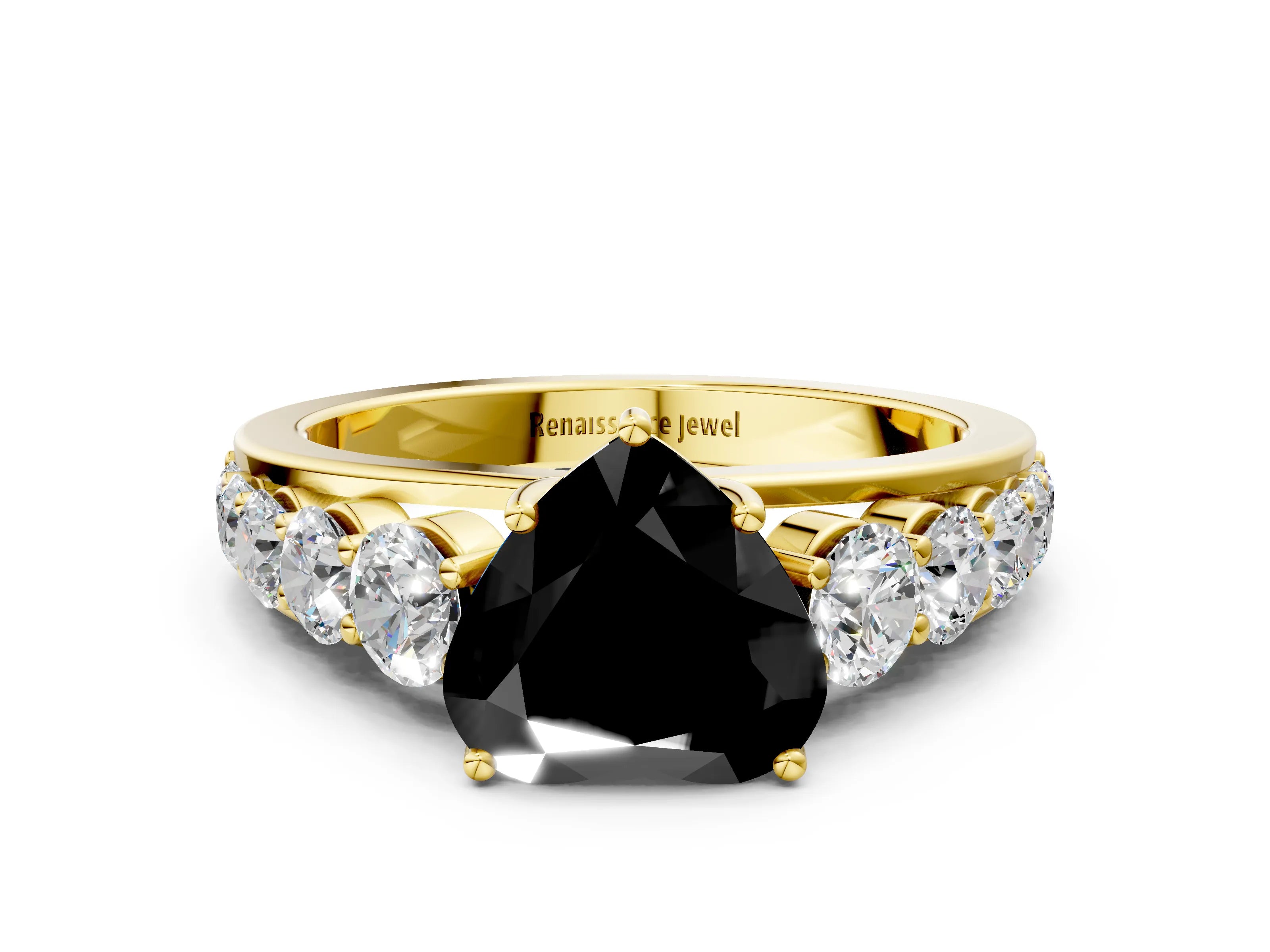 Yellow gold Fancy Black Heart Cut Brilliant Diamond Pavé Band with Six-Prong Setting