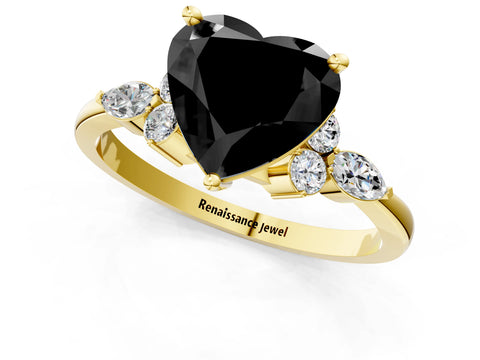 Yellow gold Fancy Black Heart Cut Brilliant Diamond Solitaire Ring with Pear Side Stones and Four-Prong Setting_4