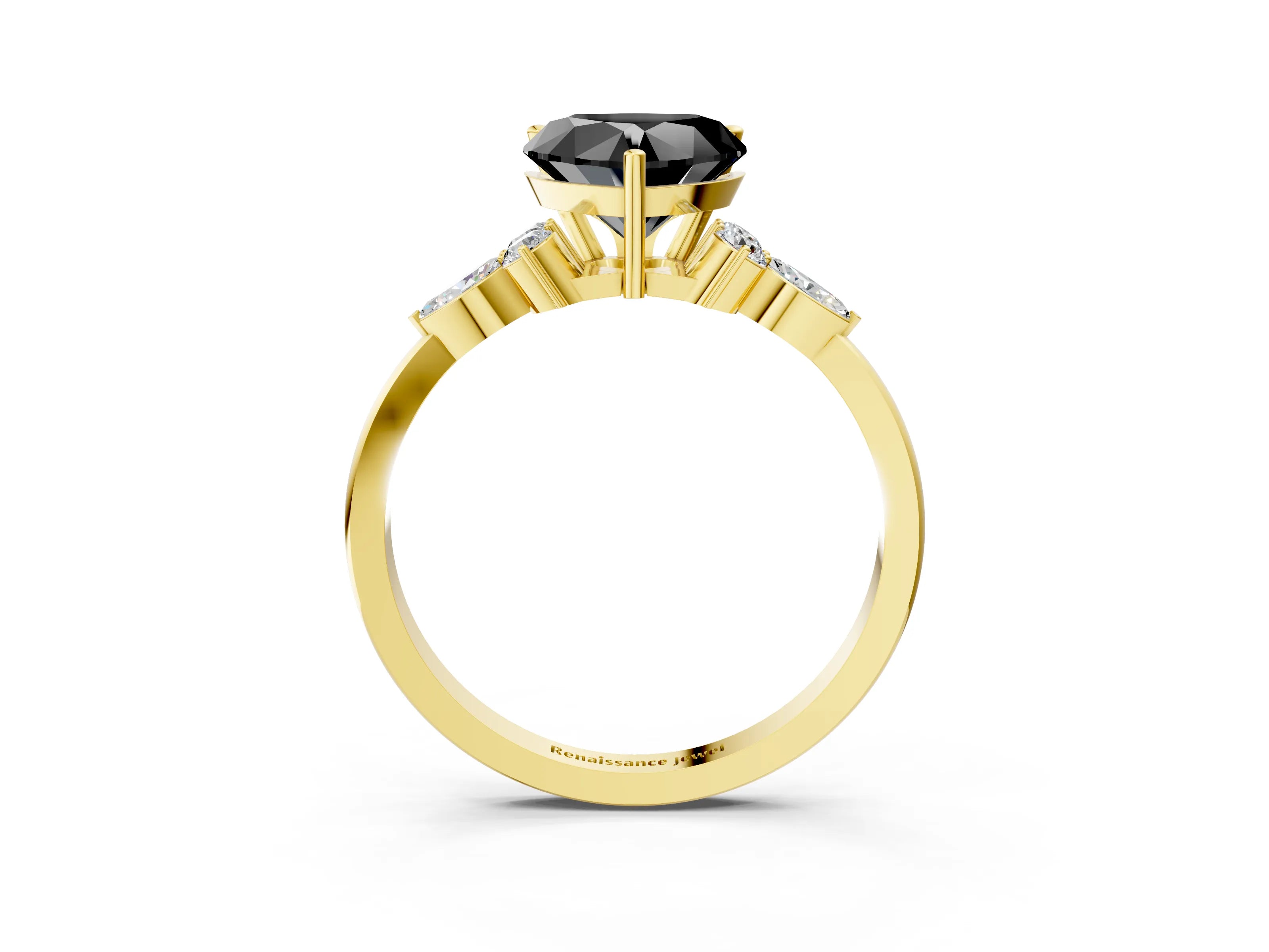 Yellow gold Fancy Black Heart Cut Brilliant Diamond Solitaire Ring with Pear Side Stones and Four-Prong Setting_6