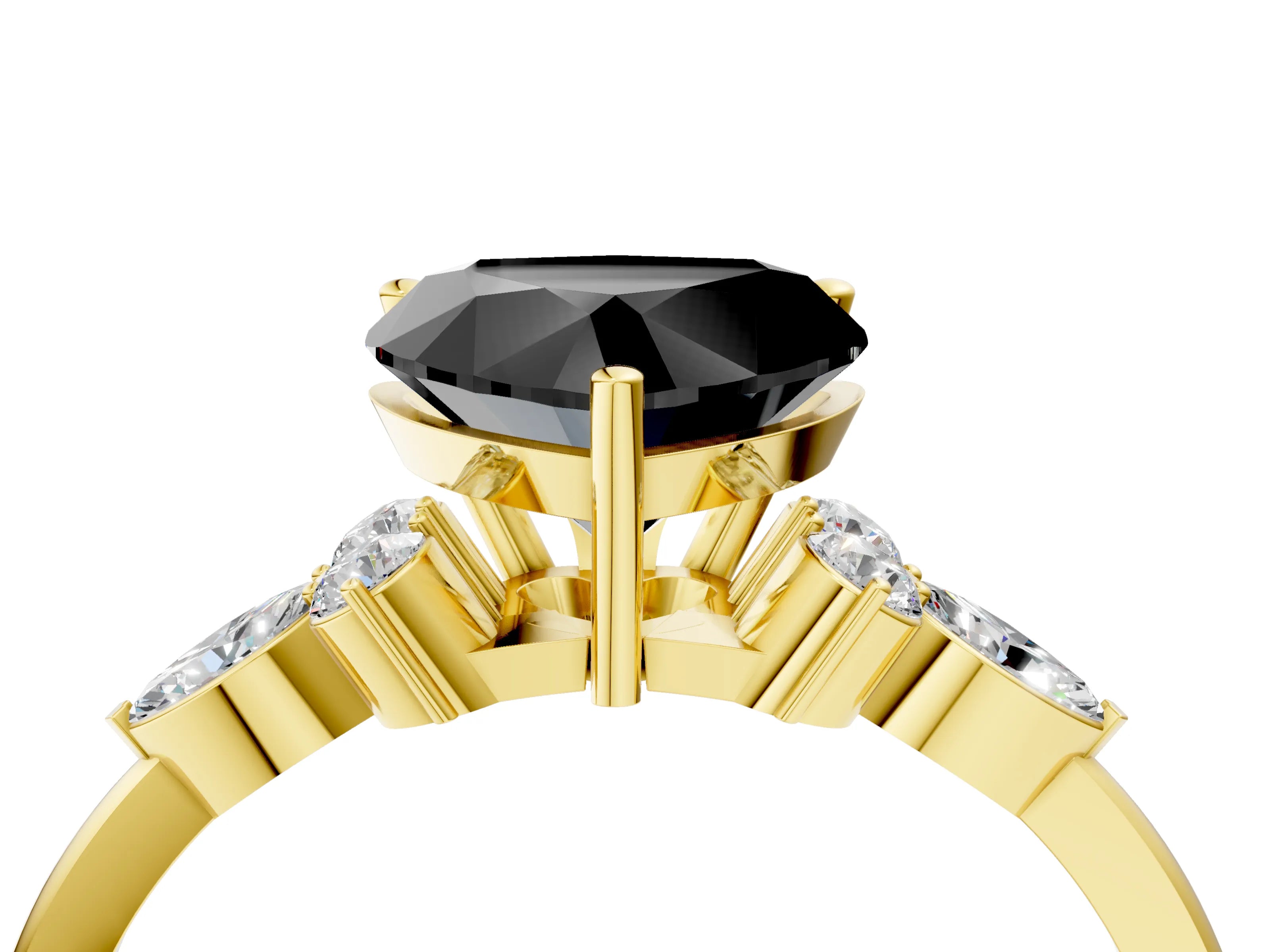 Yellow gold Fancy Black Heart Cut Brilliant Diamond Solitaire Ring with Pear Side Stones and Four-Prong Setting_7