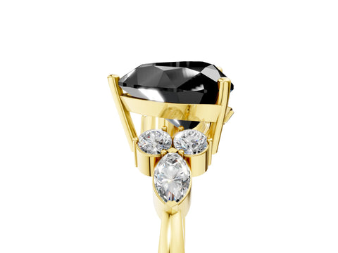 Yellow gold Fancy Black Heart Cut Brilliant Diamond Solitaire Ring with Pear Side Stones and Four-Prong Setting_8