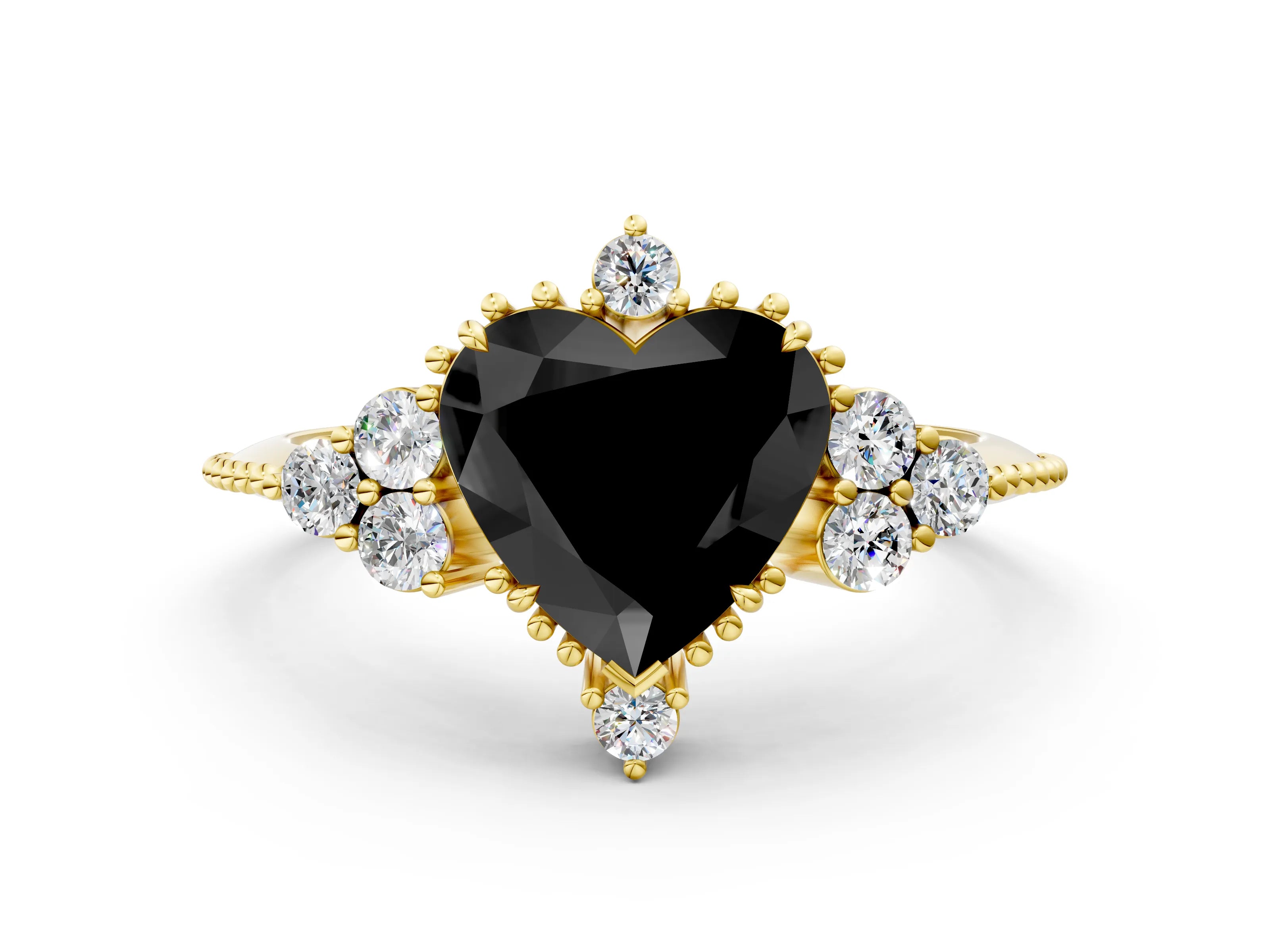 Yellow gold Fancy Black Heart Cut Brilliant Diamond with Cluster Setting on a Beaded Band and Four-Prong Setting