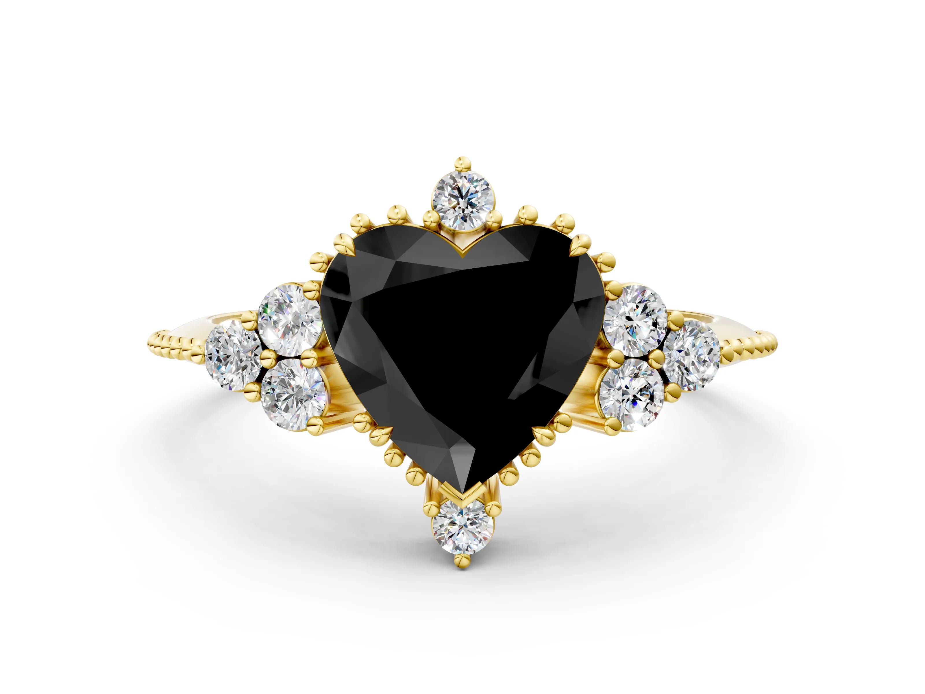 Yellow gold Fancy Black Heart Cut Brilliant Diamond with Cluster Setting on a Beaded Band and Four-Prong Setting_12