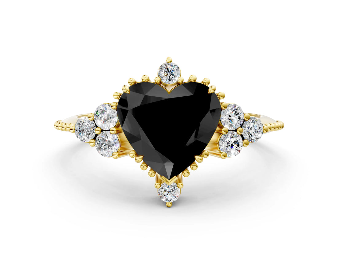 Yellow gold Fancy Black Heart Cut Brilliant Diamond with Cluster Setting on a Beaded Band and Four-Prong Setting_12