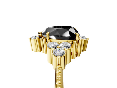 Yellow gold Fancy Black Heart Cut Brilliant Diamond with Cluster Setting on a Beaded Band and Four-Prong Setting_17