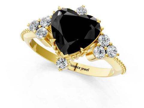 Yellow gold Fancy Black Heart Cut Brilliant Diamond with Cluster Setting on a Beaded Band and Four-Prong Setting_1