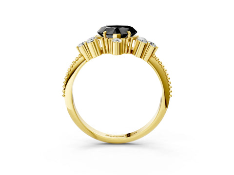 Yellow gold Fancy Black Heart Cut Brilliant Diamond with Cluster Setting on a Beaded Band and Four-Prong Setting_3