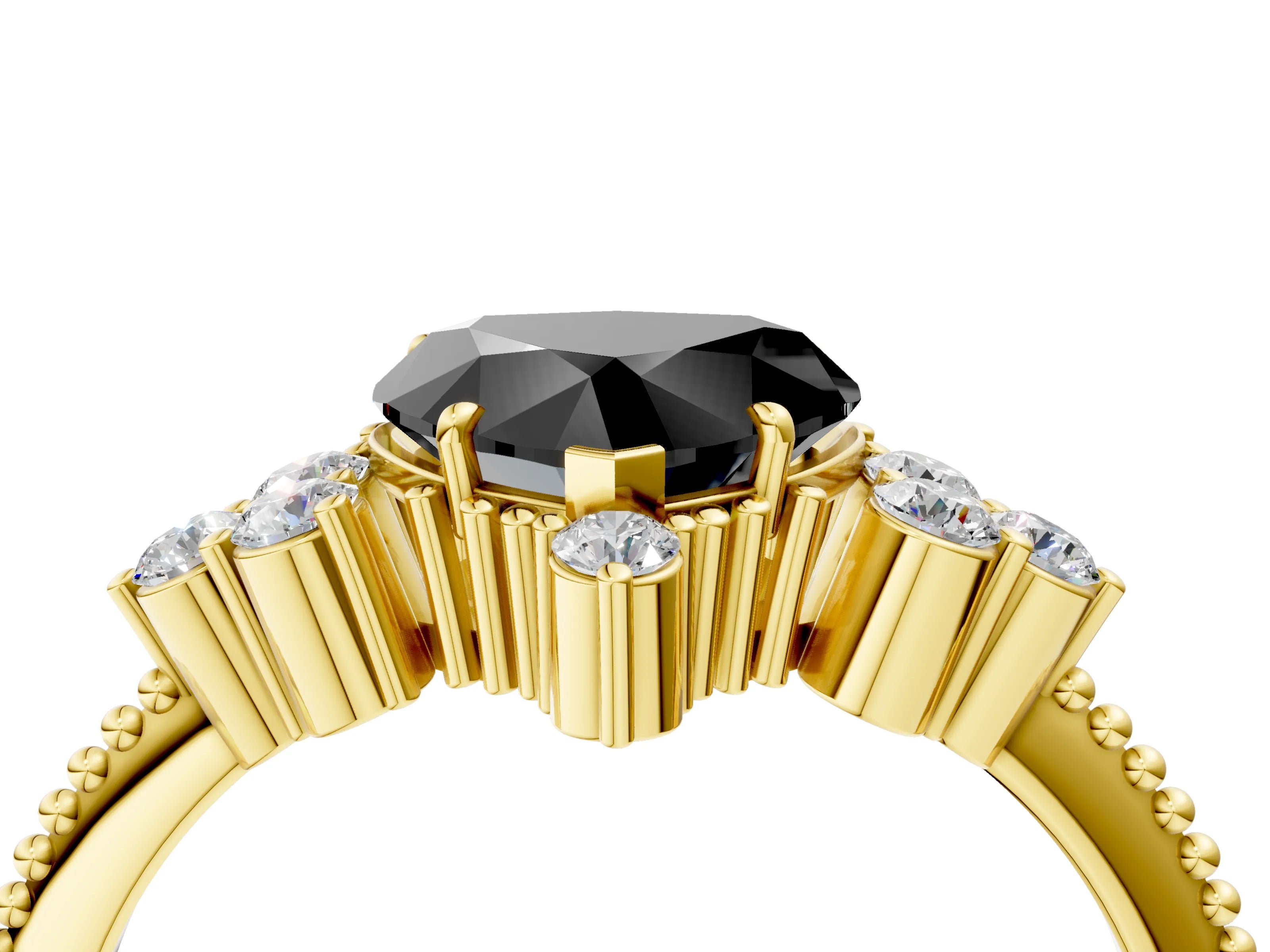 Yellow gold Fancy Black Heart Cut Brilliant Diamond with Cluster Setting on a Beaded Band and Four-Prong Setting_4