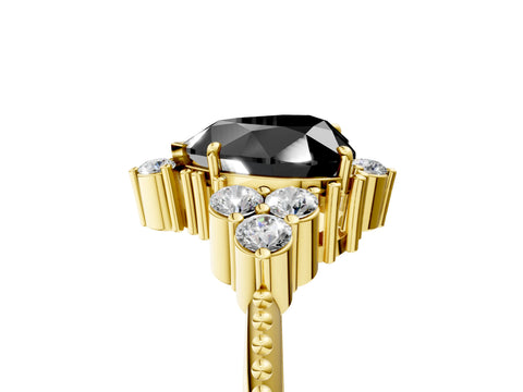 Yellow gold Fancy Black Heart Cut Brilliant Diamond with Cluster Setting on a Beaded Band and Four-Prong Setting_5