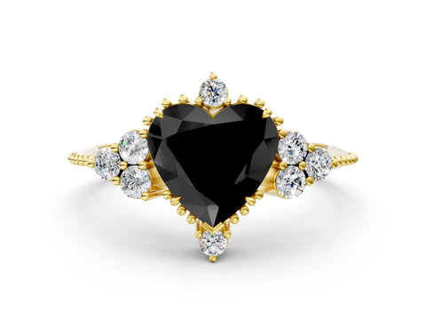 Yellow gold Fancy Black Heart Cut Brilliant Diamond with Cluster Setting on a Beaded Band and Four-Prong Setting