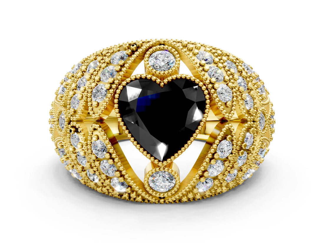 Yellow gold Fancy Black Heart Cut Brilliant Halo Pave Diamond Milgrain Ring
