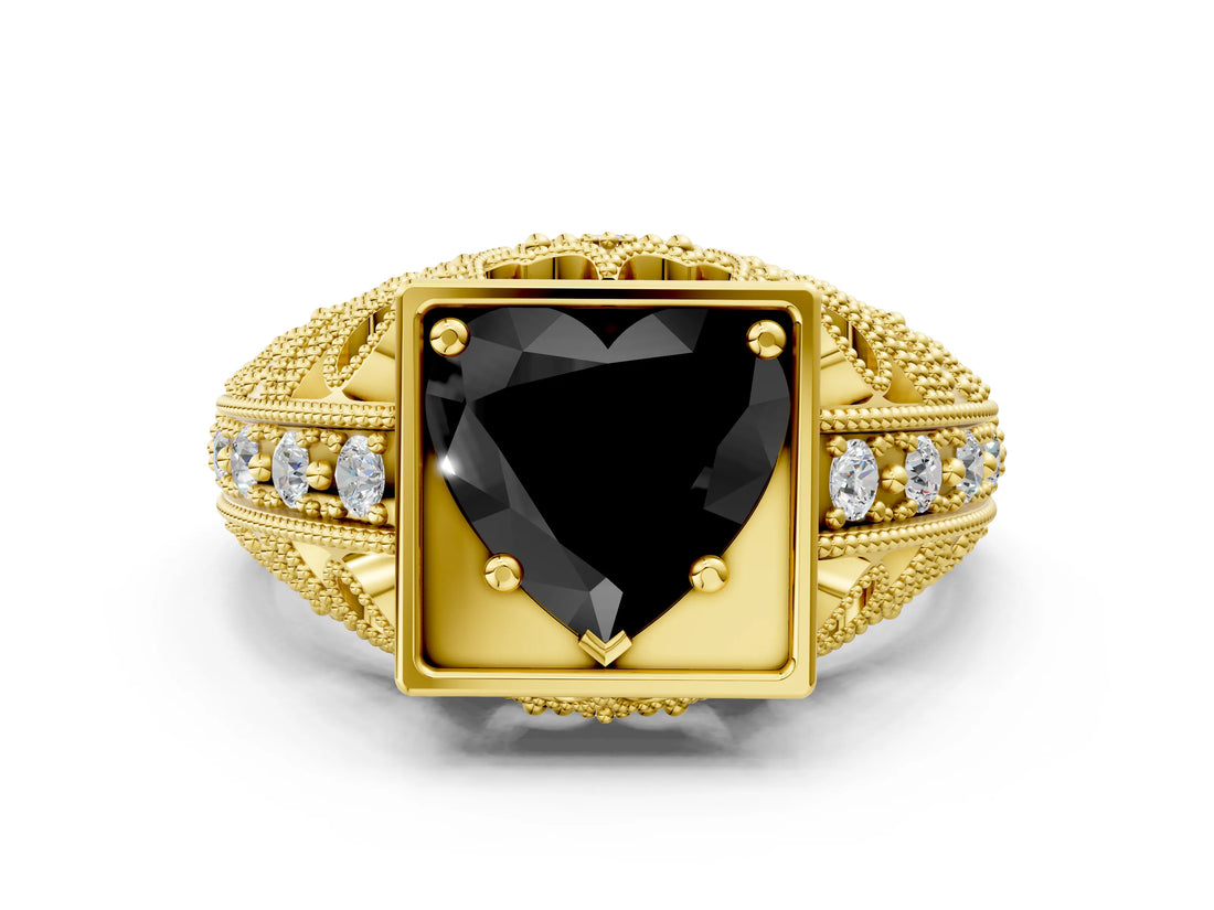 Yellow gold Fancy Black Heart Cut Brilliant Milgrain Filigree Diamond Ring with Square Prong Setting