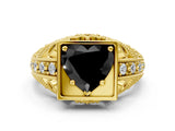 Yellow gold Fancy Black Heart Cut Brilliant Milgrain Filigree Diamond Ring with Square Prong Setting