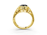 Yellow gold Fancy Black Heart Cut Brilliant Milgrain Filigree Diamond Ring with Square Prong Setting_3