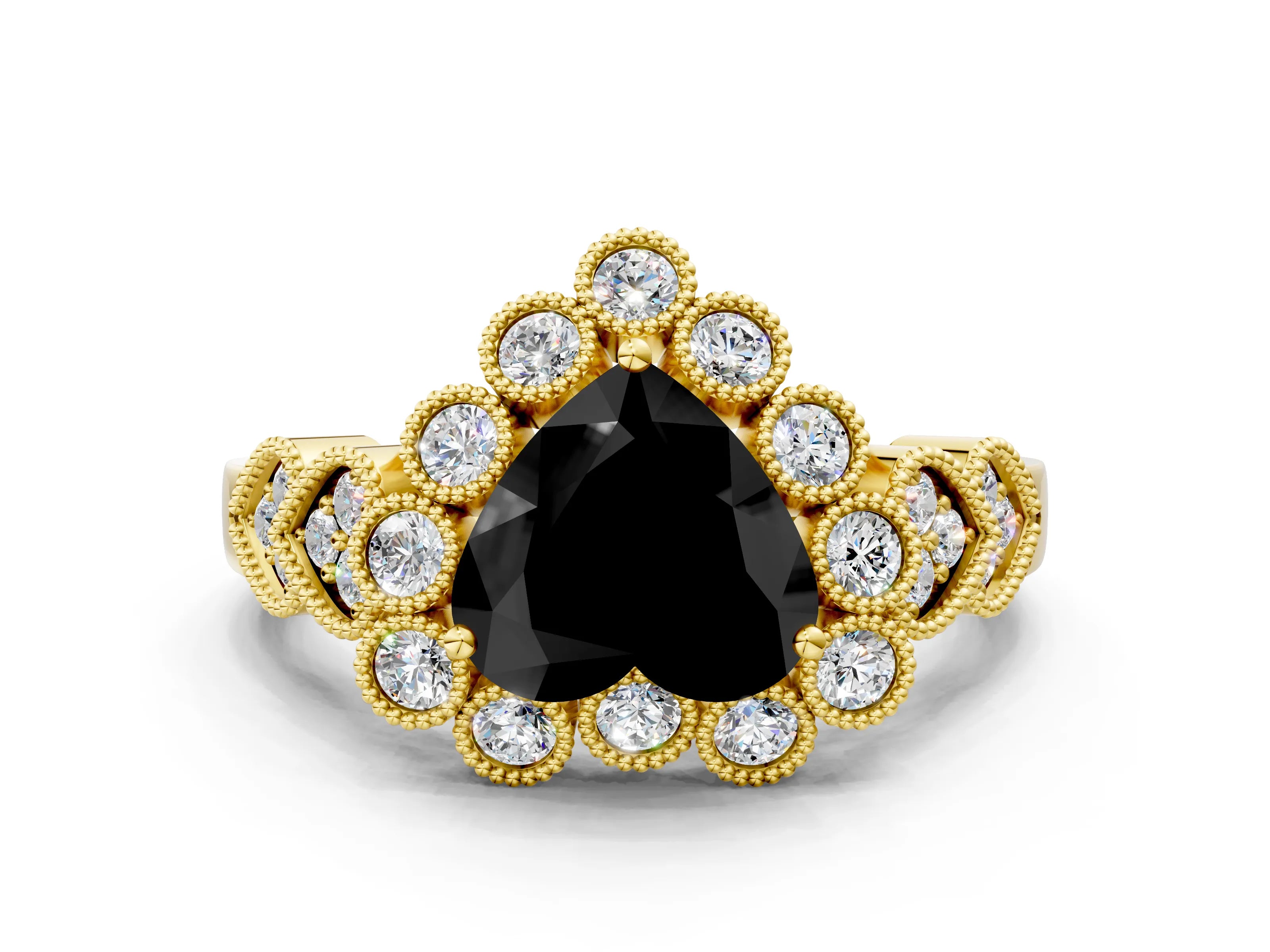 Yellow gold Fancy Black Heart Cut Brilliant Milgrain Pave Heart Band Solitaire Ring