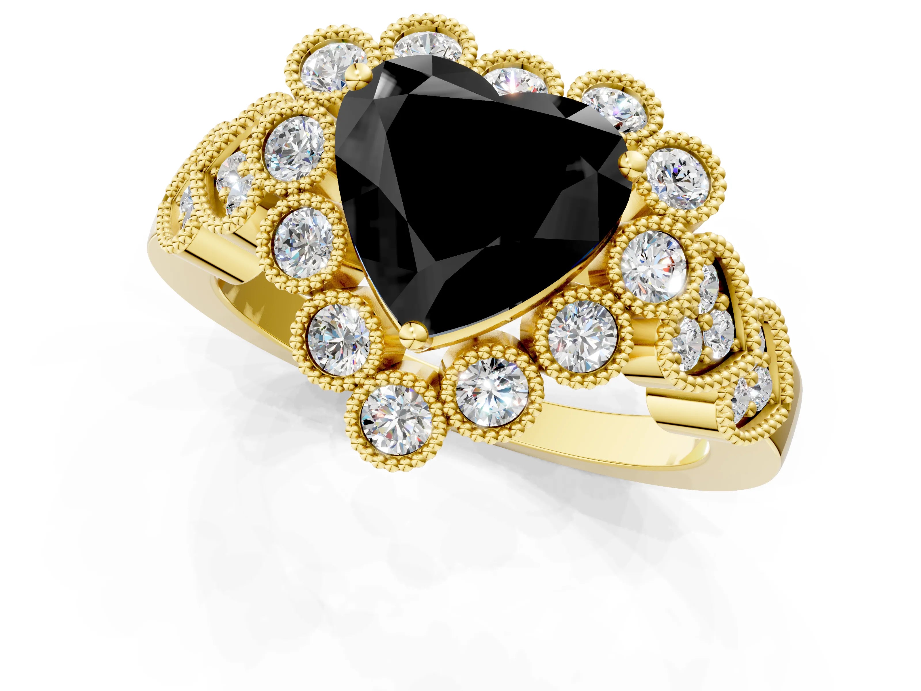 Yellow gold Fancy Black Heart Cut Brilliant Milgrain Pave Heart Band Solitaire Ring_1