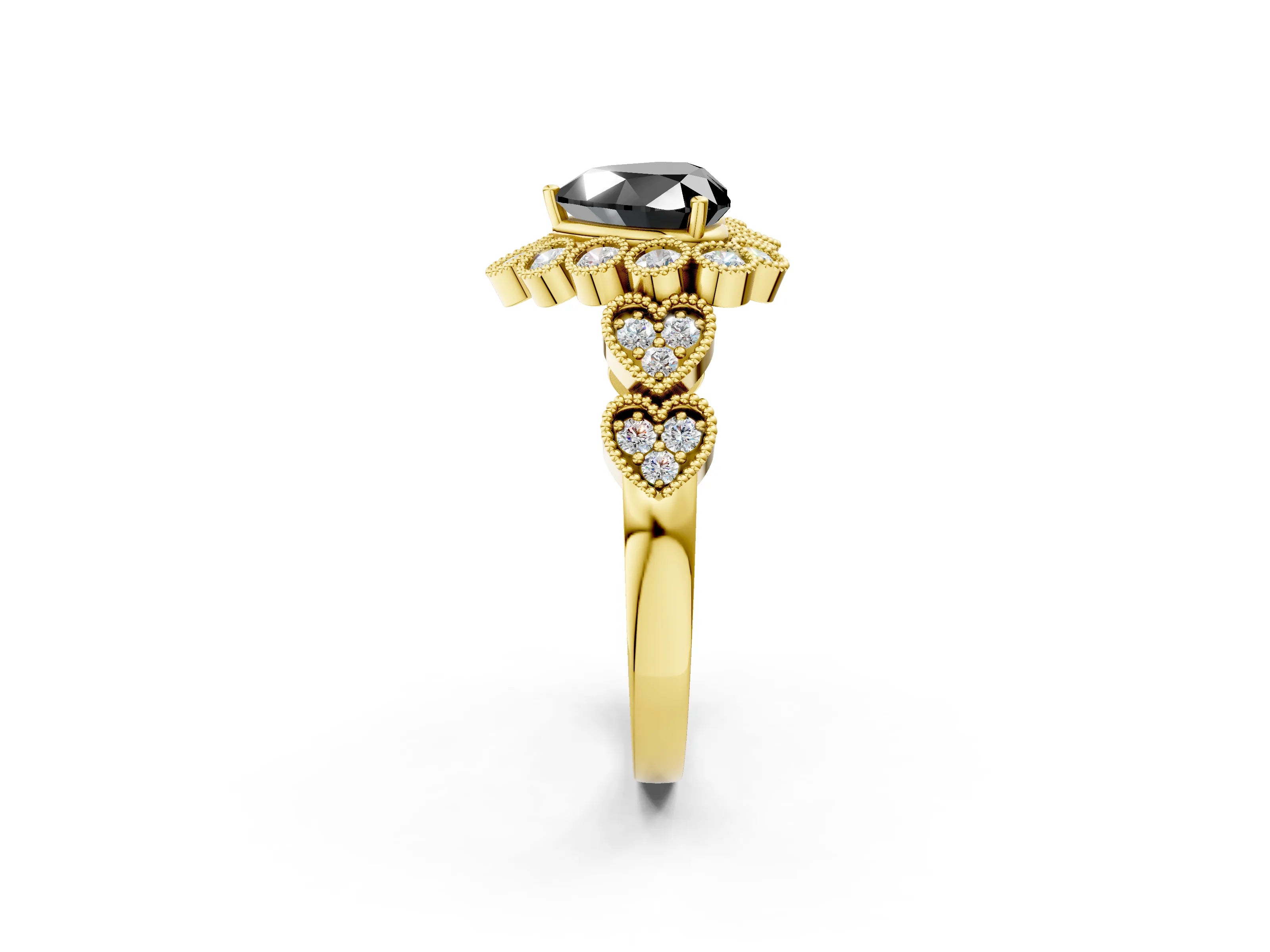 Yellow gold Fancy Black Heart Cut Brilliant Milgrain Pave Heart Band Solitaire Ring_2
