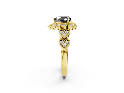 Yellow gold Fancy Black Heart Cut Brilliant Milgrain Pave Heart Band Solitaire Ring_2