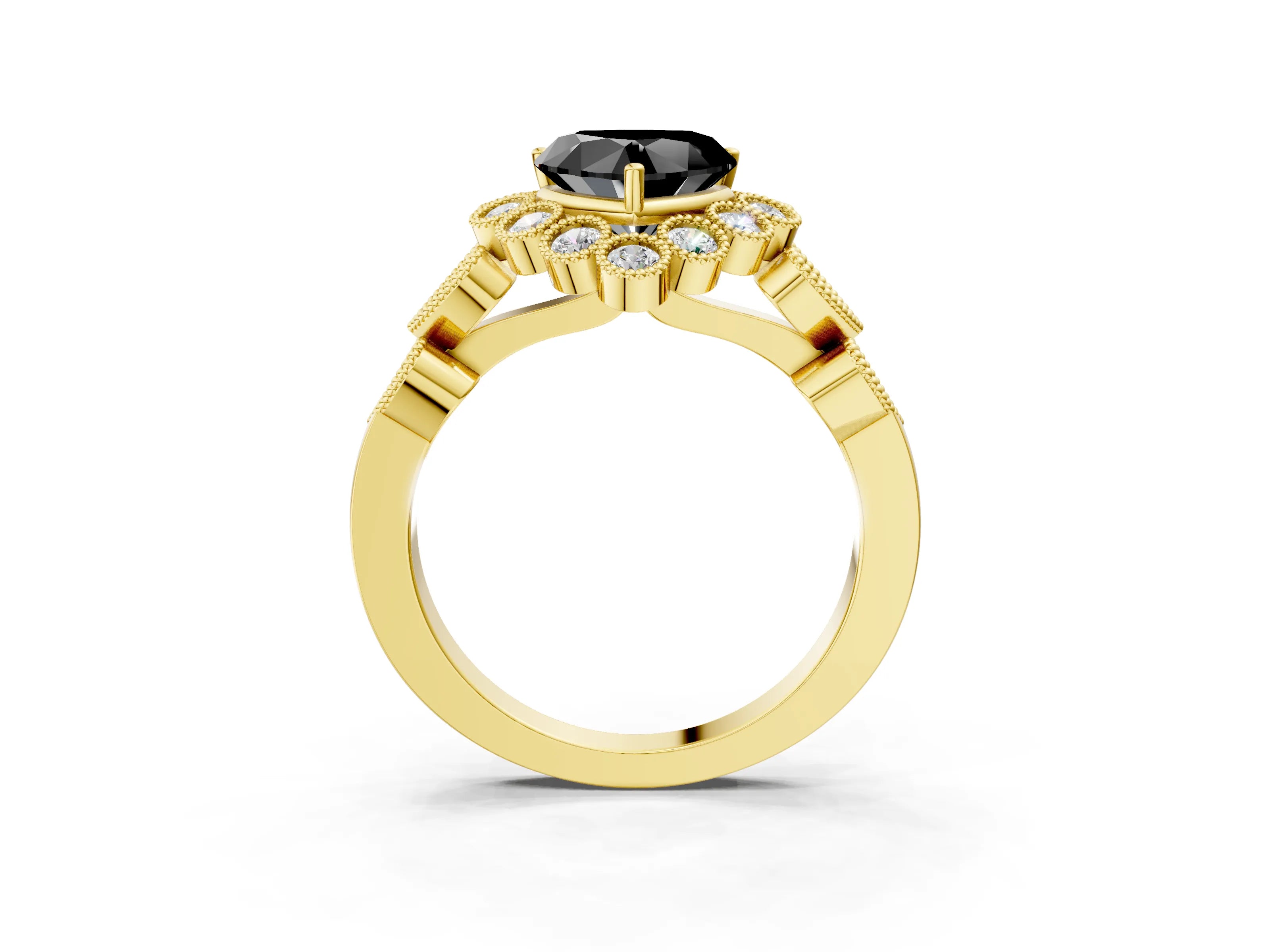Yellow gold Fancy Black Heart Cut Brilliant Milgrain Pave Heart Band Solitaire Ring_3