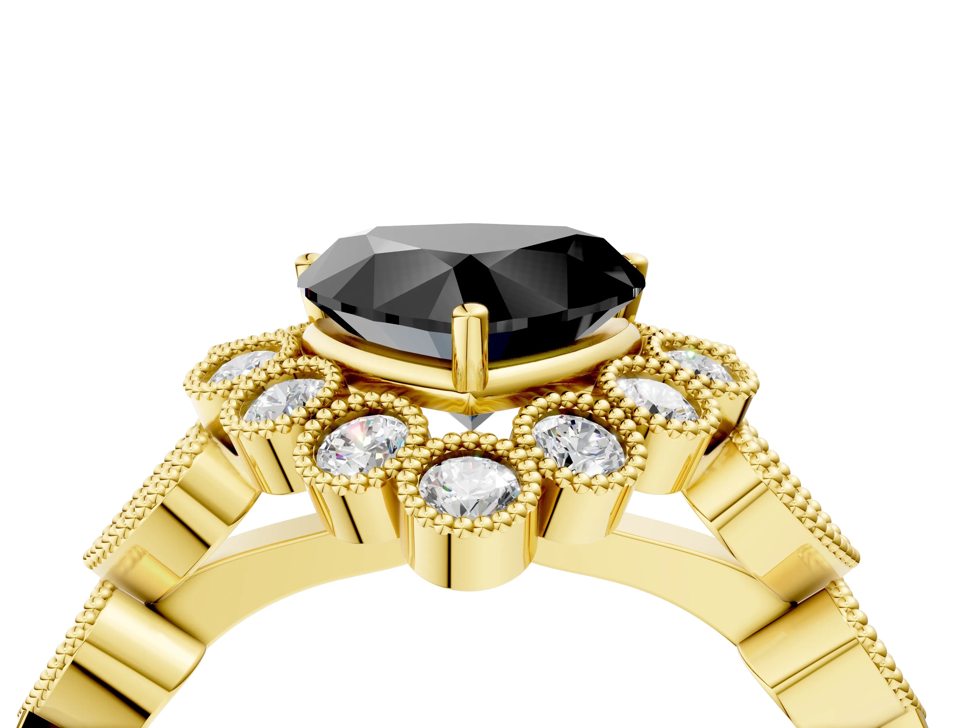 Yellow gold Fancy Black Heart Cut Brilliant Milgrain Pave Heart Band Solitaire Ring_4