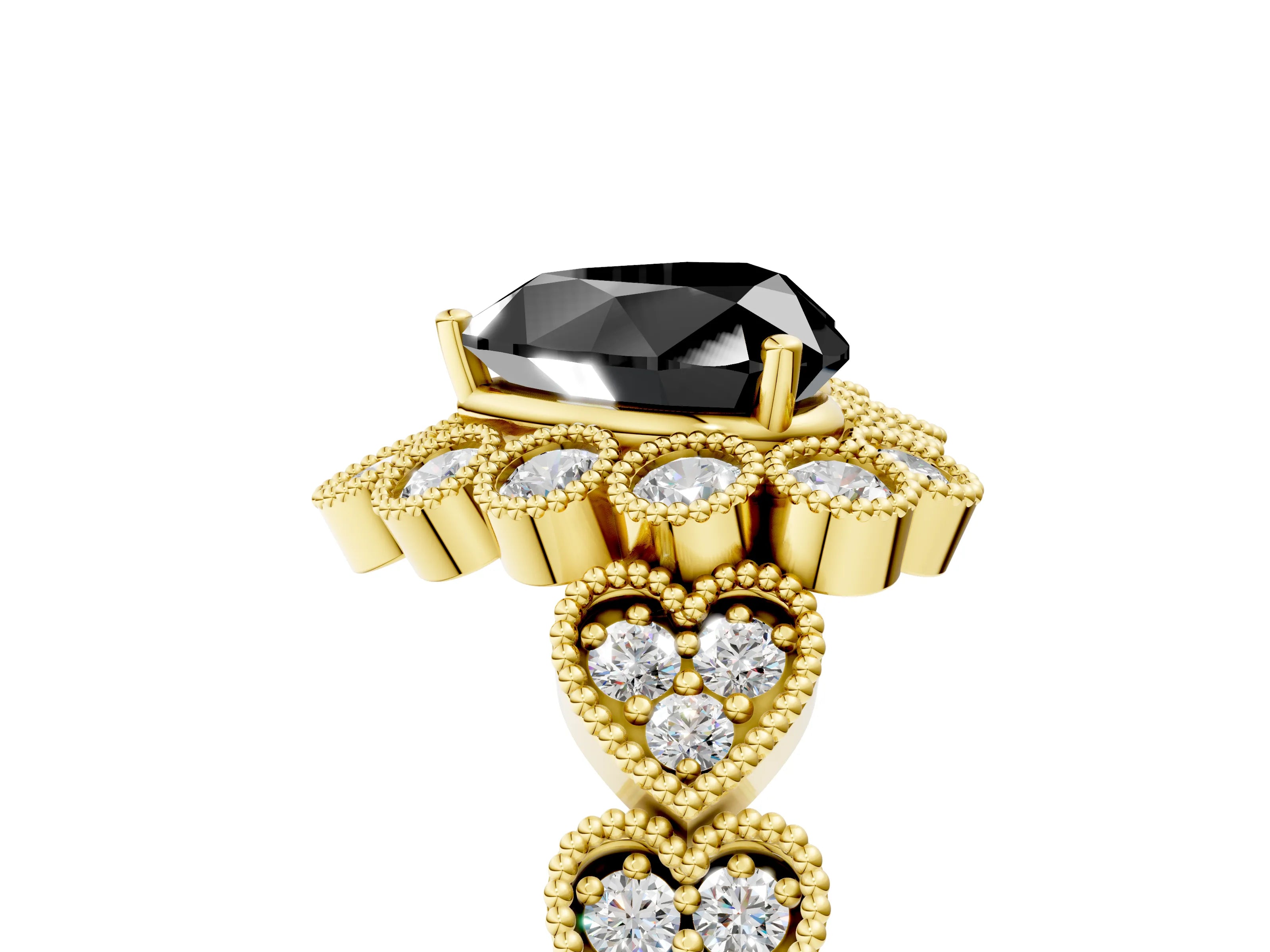 Yellow gold Fancy Black Heart Cut Brilliant Milgrain Pave Heart Band Solitaire Ring_5