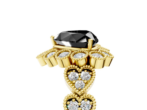Yellow gold Fancy Black Heart Cut Brilliant Milgrain Pave Heart Band Solitaire Ring_5