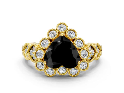 Yellow gold Fancy Black Heart Cut Brilliant Milgrain Pave Heart Band Solitaire Ring