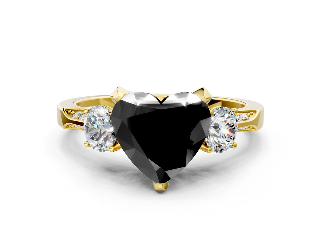 Yellow gold Fancy Black Heart Cut Brilliant Three-Stone Diamond Ring with Pavé Band and Four-Prong Setting_3