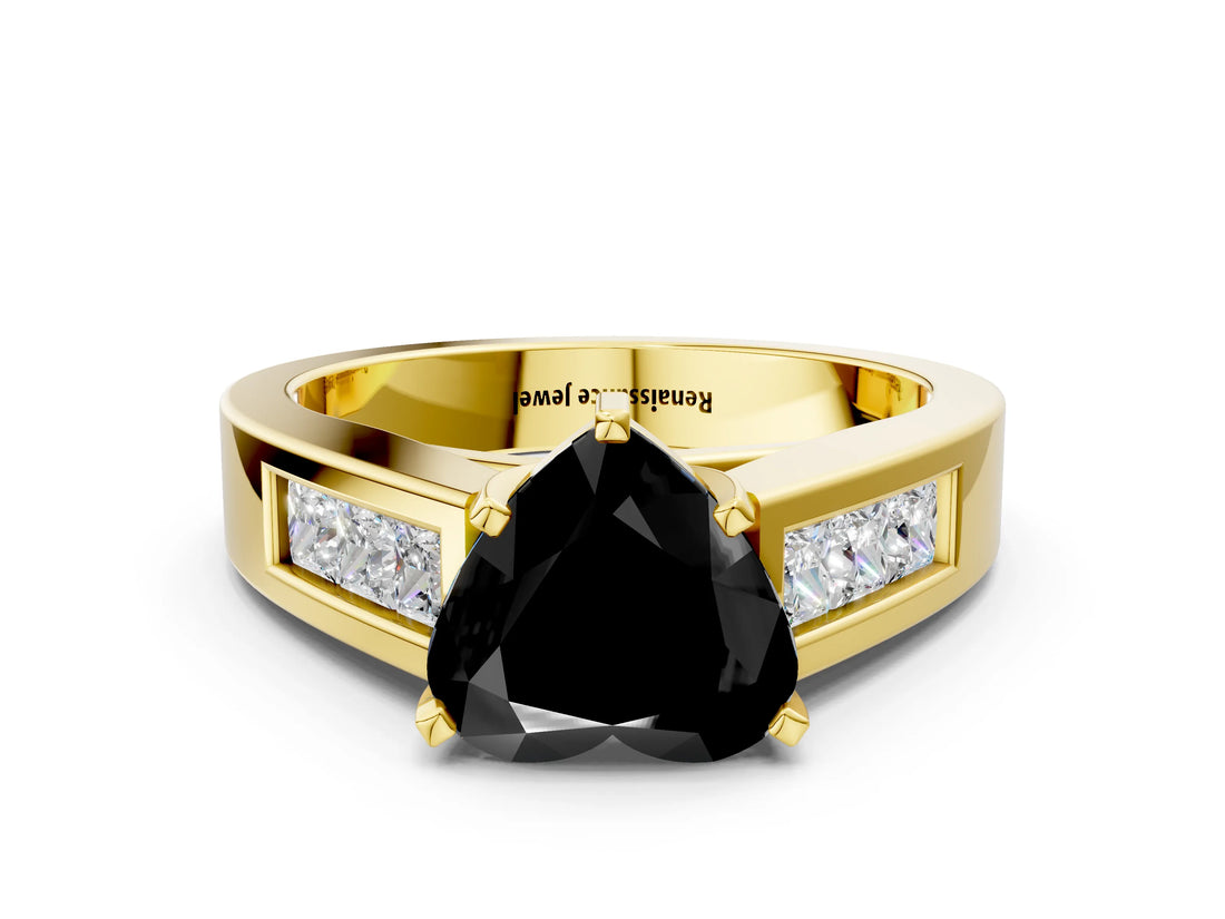 Yellow gold Fancy Black Heart Cut Cut Channel Set Solitaire Ring with Four-Prong Setting