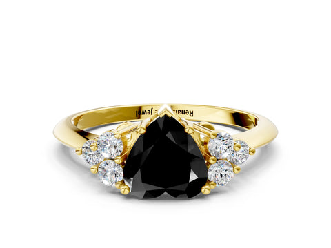 Yellow gold Fancy Black Heart Cut Cut Diamond Cluster Ring with Solitaire Band and Four-Prong Setting