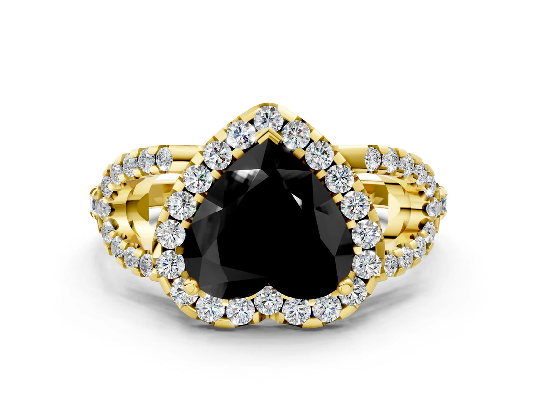 Yellow gold Fancy Black Heart Cut Cut Diamond Halo Engagement Ring with Open Split Pavé Band