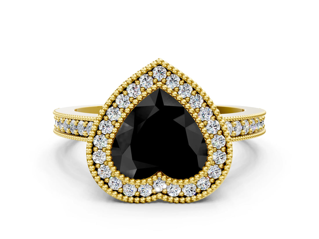 Yellow gold Fancy Black Heart Cut-Cut Diamond Halo Engagement Ring with Pave Band and Prong Setting