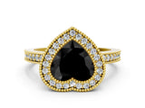 Yellow gold Fancy Black Heart Cut-Cut Diamond Halo Engagement Ring with Pave Band and Prong Setting
