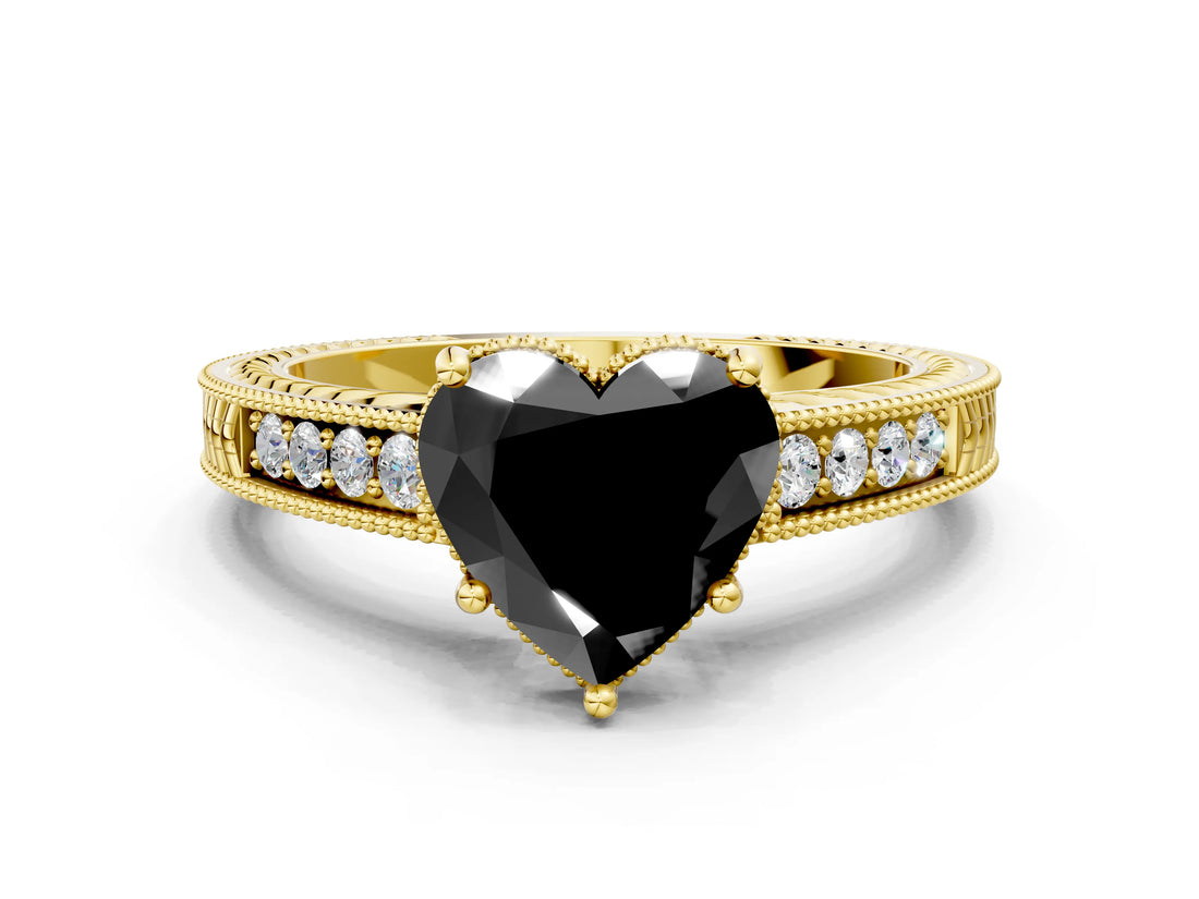Yellow gold Fancy Black Heart Cut Cut Diamond Milgrain Pave Band Four-Prong Setting Ring_3