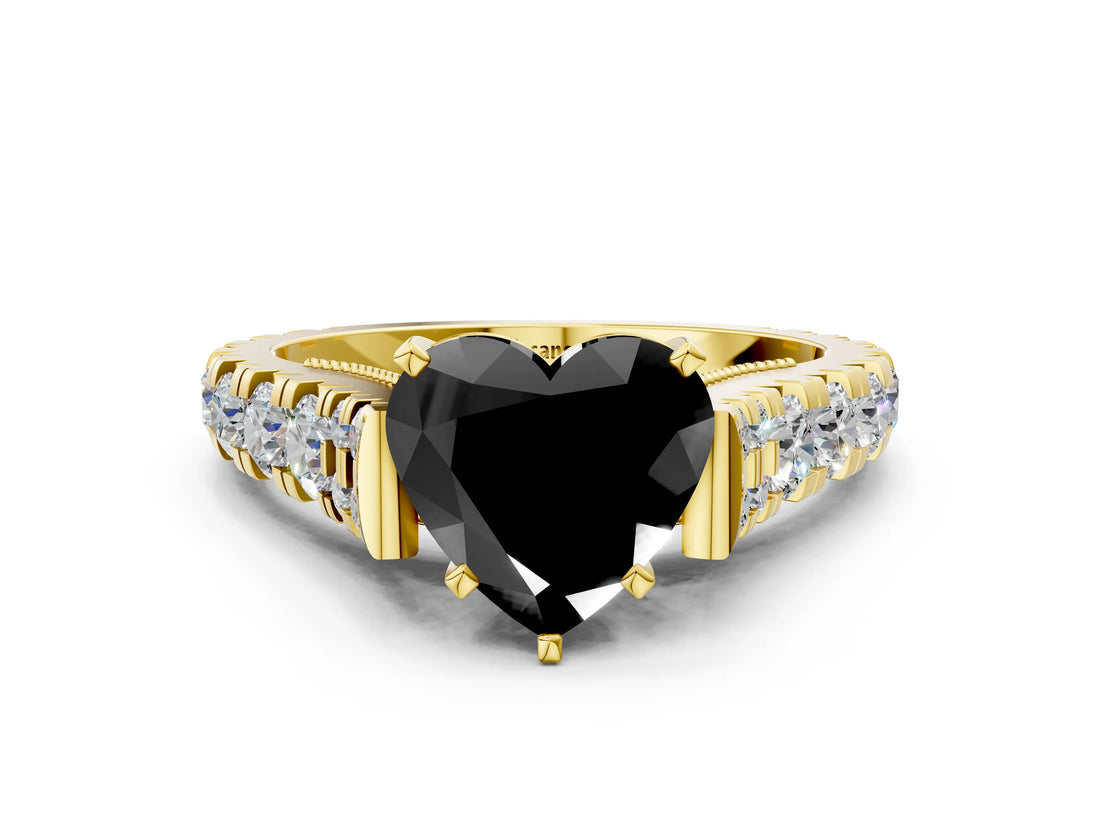 Yellow gold Fancy Black Heart Cut Cut Diamond Pavé Band Solitaire with Four-Prong Setting