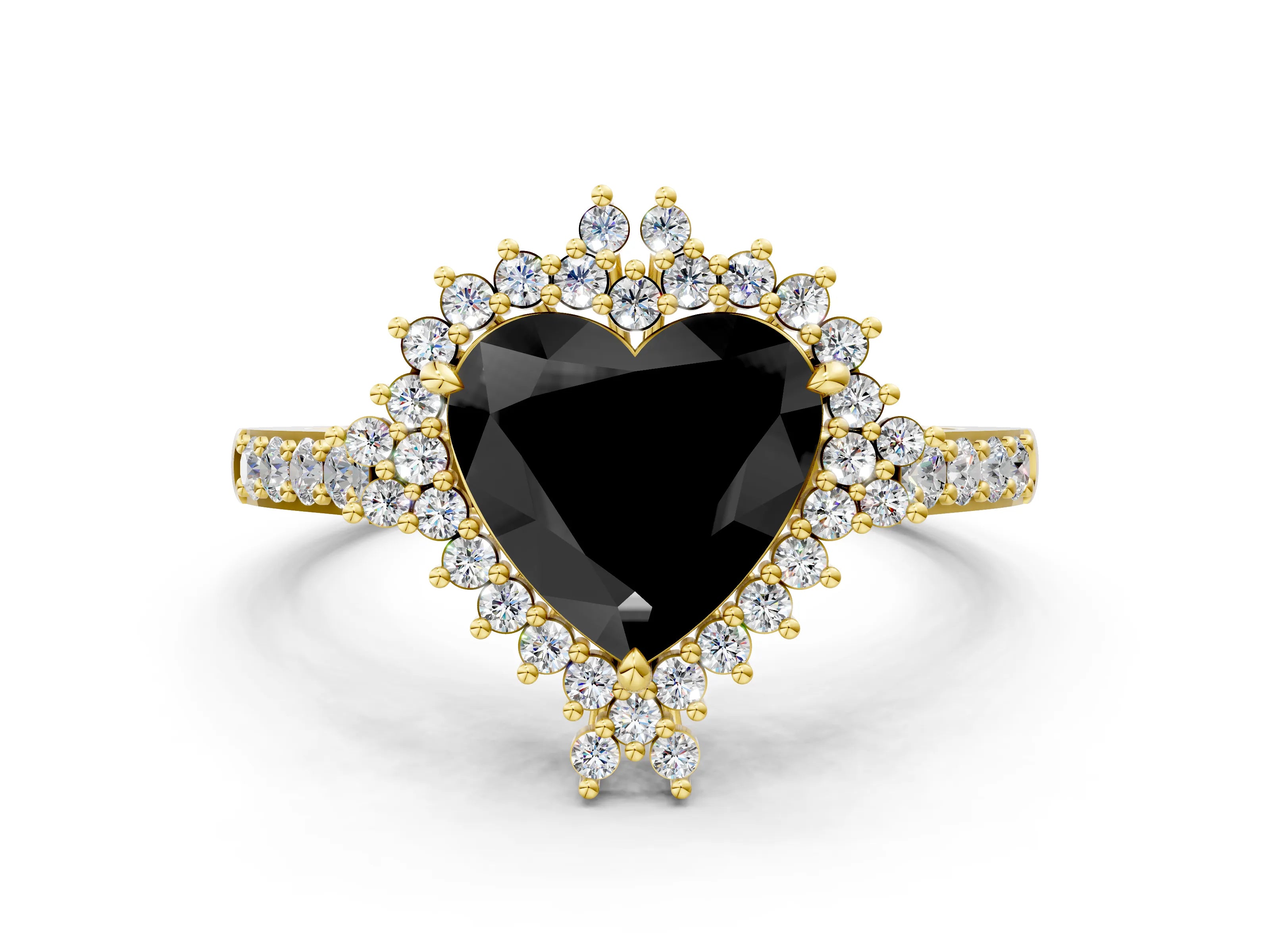 Yellow gold Fancy Black Heart Cut Cut Diamond Sunburst Halo Engagement Ring with Pavé Band