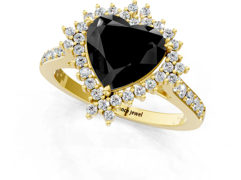 Yellow gold Fancy Black Heart Cut Cut Diamond Sunburst Halo Engagement Ring with Pavé Band_1