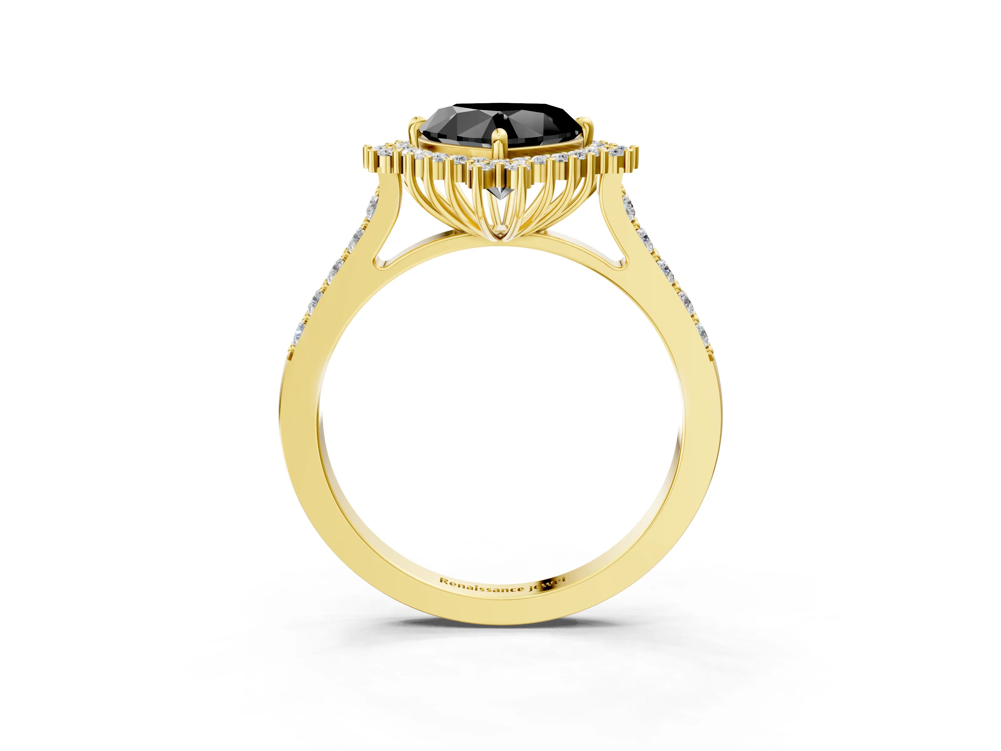 Yellow gold Fancy Black Heart Cut Cut Diamond Sunburst Halo Engagement Ring with Pavé Band_3