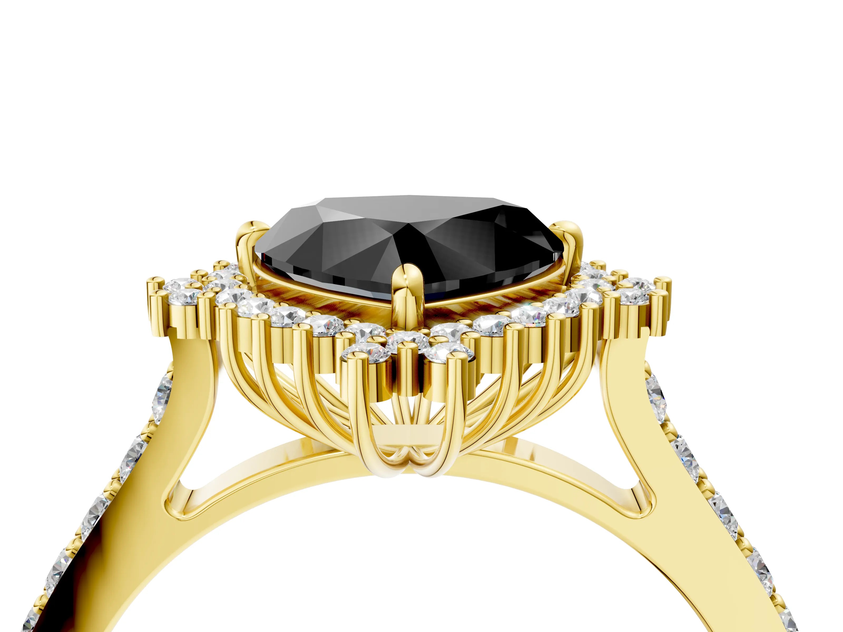Yellow gold Fancy Black Heart Cut Cut Diamond Sunburst Halo Engagement Ring with Pavé Band_4