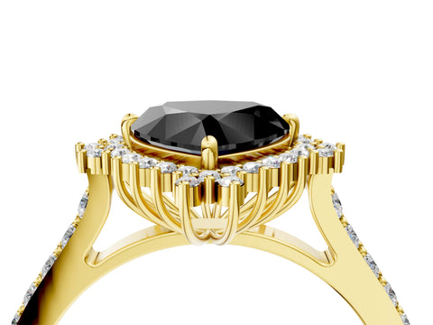 Yellow gold Fancy Black Heart Cut Cut Diamond Sunburst Halo Engagement Ring with Pavé Band_4