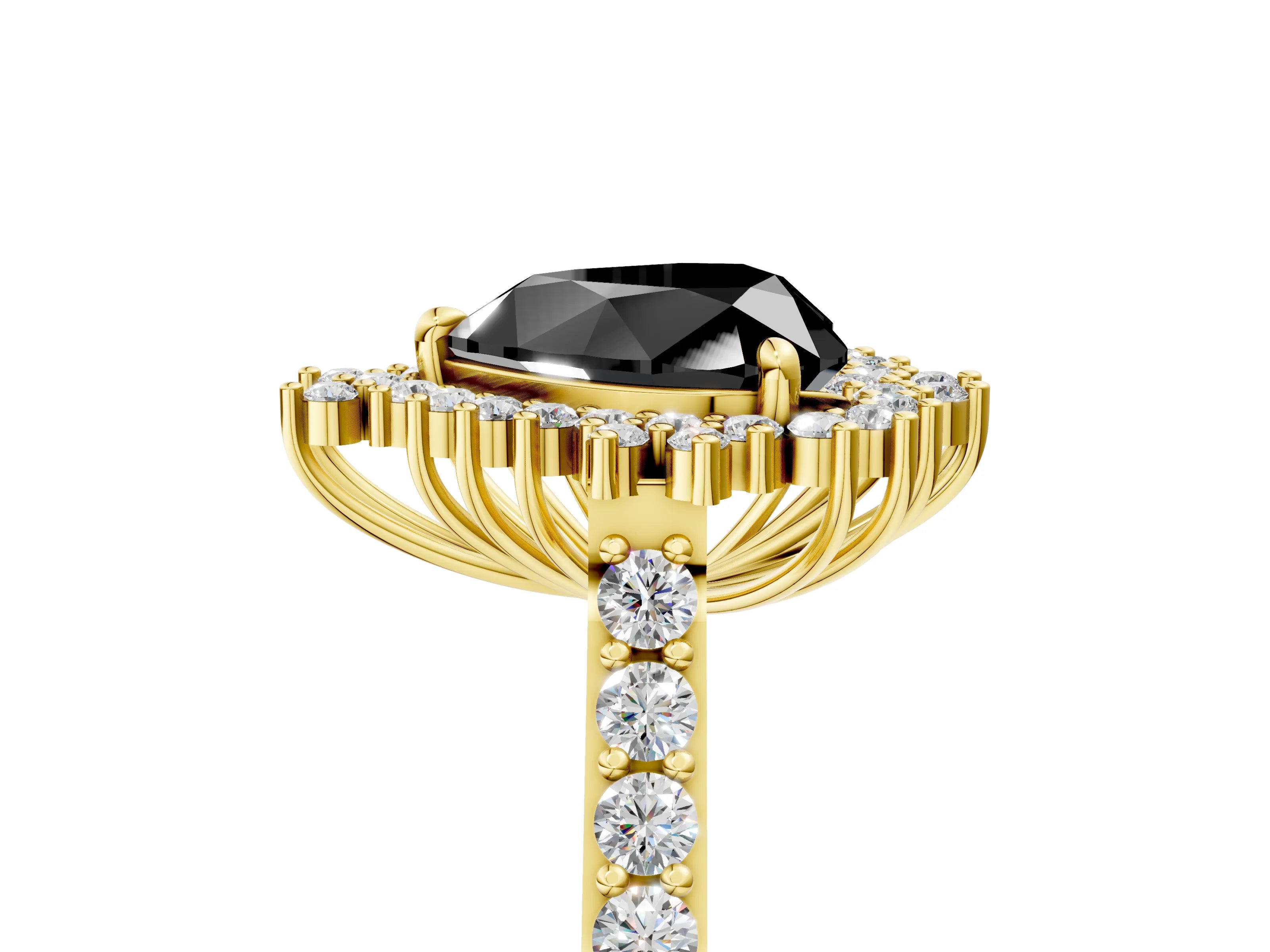 Yellow gold Fancy Black Heart Cut Cut Diamond Sunburst Halo Engagement Ring with Pavé Band_5