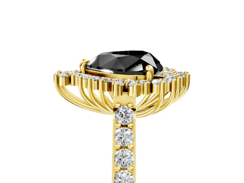 Yellow gold Fancy Black Heart Cut Cut Diamond Sunburst Halo Engagement Ring with Pavé Band_5