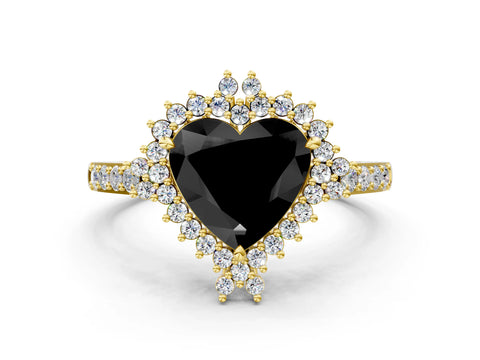 Yellow gold Fancy Black Heart Cut Cut Diamond Sunburst Halo Engagement Ring with Pavé Band