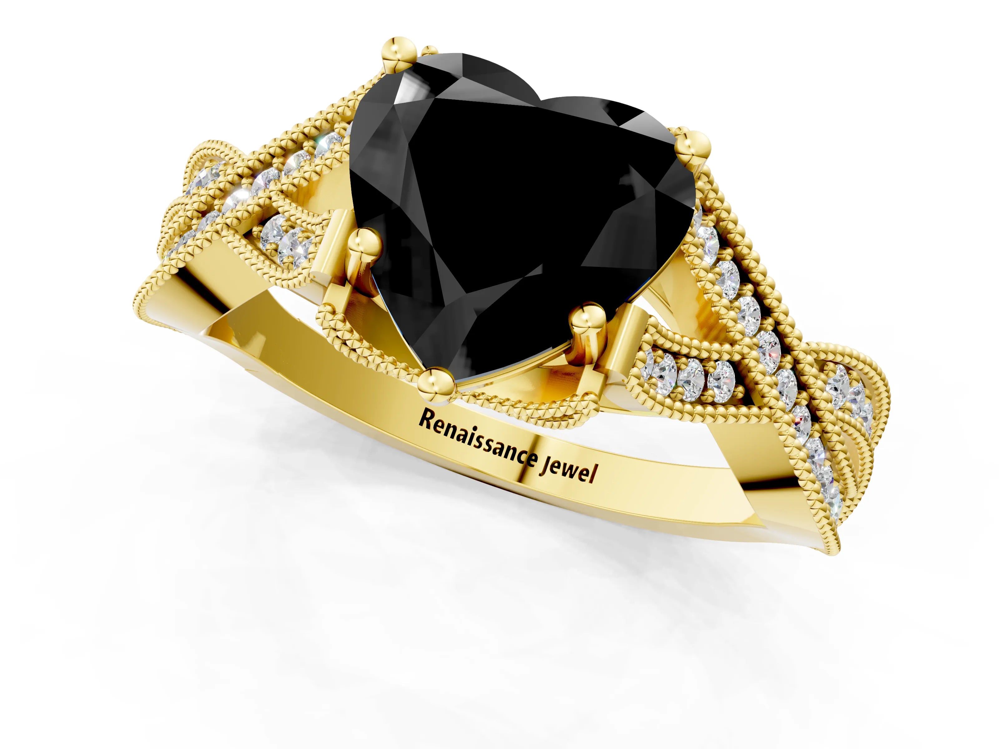 Yellow gold Fancy Black Heart Cut Cut Diamond Twisted Band with Milgrain Pave Setting and Four-Prong Setting_1