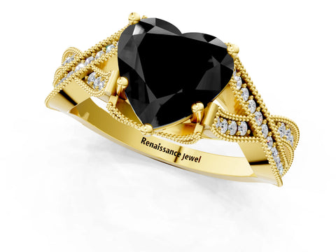 Yellow gold Fancy Black Heart Cut Cut Diamond Twisted Band with Milgrain Pave Setting and Four-Prong Setting_1