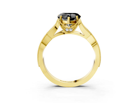 Yellow gold Fancy Black Heart Cut Cut Diamond Twisted Band with Milgrain Pave Setting and Four-Prong Setting_3